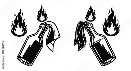 flaming bottles with rags ignited in fiery blaze