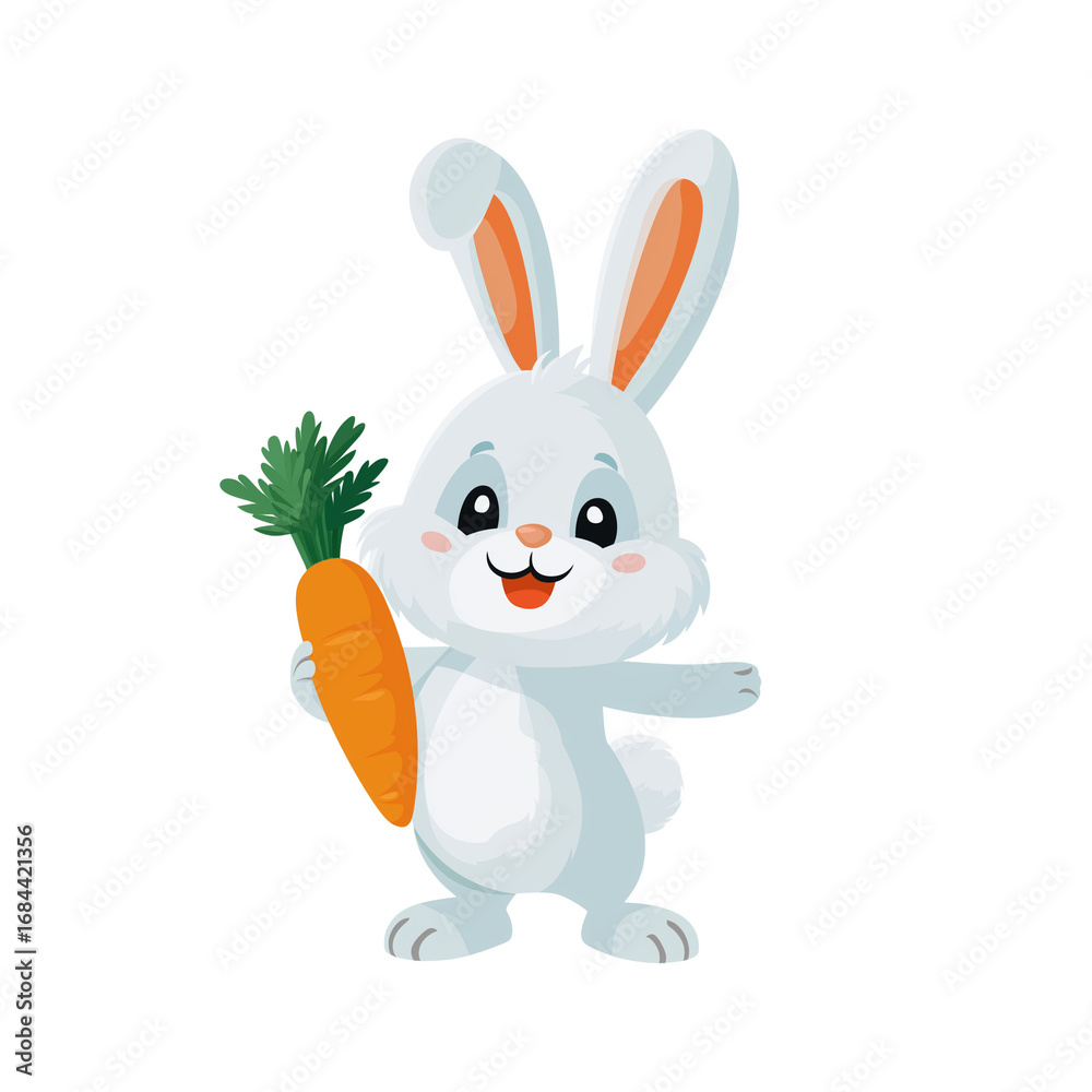 Fototapeta premium rabbit cute cartoon white holding a carrot with a cheerful expression in a simple background PNG background 
