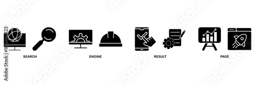 SERP banner web icon vector illustration concept for search engine result page with icon of web search, computer, search engine, mobile search, page result, and statistics graph