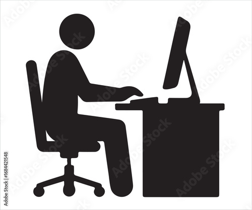 Black silhouette vector illustration of an office worker sitting on chair at desk using computer, simple workplace design concept symbolizing business, job, technology, productivity, and corporate lif