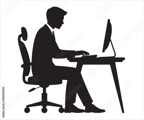 Vector silhouette of office worker sitting at desk with computer