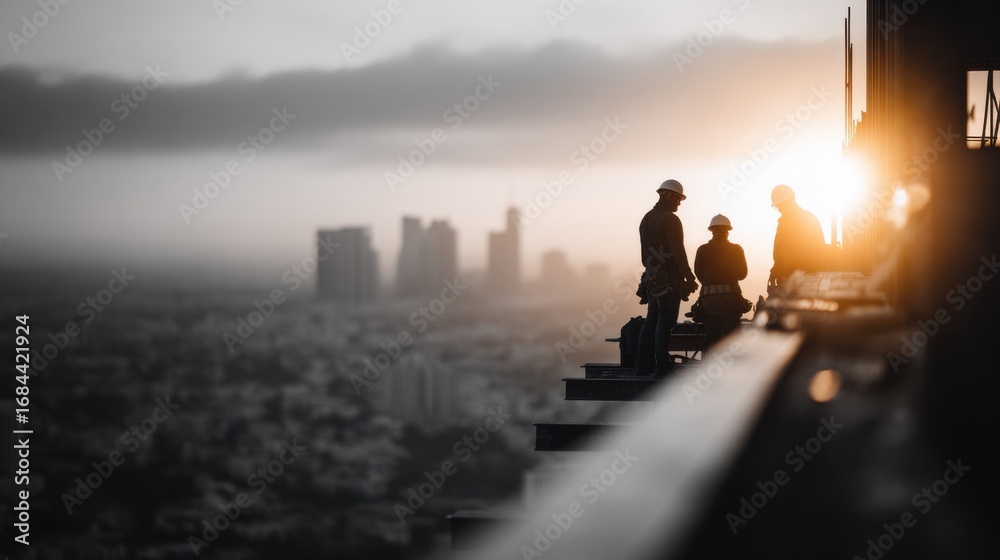 Obraz premium Safety Crew Working on Construction Project at Sunset in Urban Area
