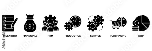 ERP banner web icon vector illustration concept for enterprise resource planning with icon of inventory, financials, hrm, production, service, purchasing, and mrp