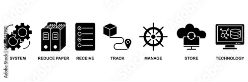 Document management banner web icon vector illustration concept for system, reduce paper, receive, track, manage, store, cloud and technology