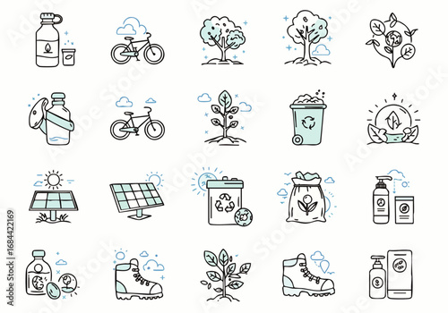 Modern minimalist flat line art vector icons for UI/UX web design, showcasing sustainable travel and eco-friendly trip essentials.