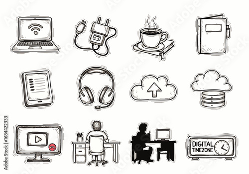Essential hand-drawn flat line art icons for modern digital life, encompassing technology, remote work, travel planning, and clean UI UX app design elements.