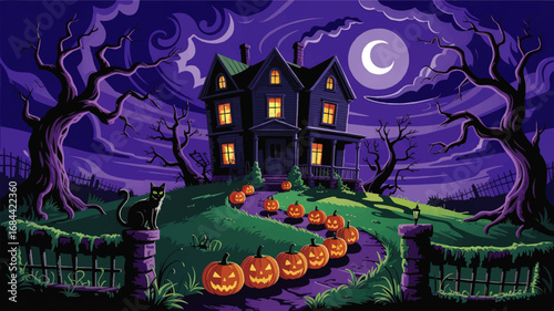 Spooky Haunted House at Night with Glowing Jack-O’-Lanterns, Black Cat, Twisted Trees and Crescent Moon – Halloween Cartoon Illustration