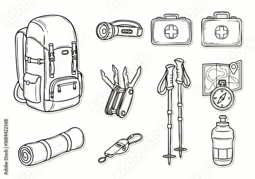 A comprehensive collection of minimalist line art travel and hiking essentials, perfect for modern UI/UX web design icons and clean app graphics.