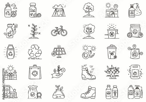 A comprehensive collection of modern, minimalist line art icons depicting various environmental sustainability concepts, perfect for eco-friendly web and app designs.