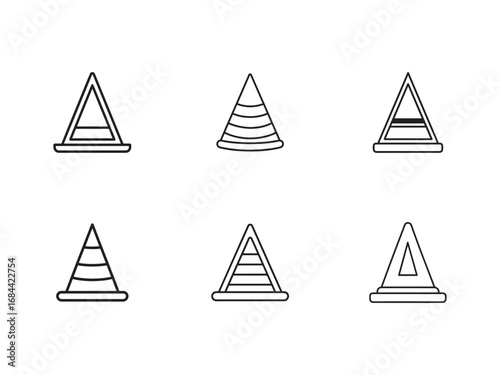 Minimalist Line Art of Traffic Cones in Different Designs on a White Background Safety and Construction Symbols