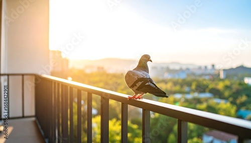 Pigeon perched on balcony railing, city view at sunrise