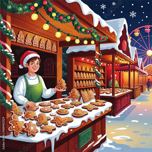 Festive Christmas Market Stall with Gingerbread Cookies, Cheerful Vendor, Holiday Decorations, Ferris Wheel, and Snowy Winter Night
