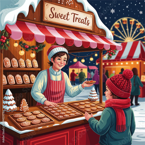 Festive Christmas Market with Sweet Treats Stand, Gingerbread Cookies, and Happy Children in Snowy Winter Night Illustration