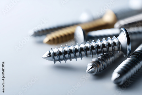 Close-up of shiny metal screws on a smooth surface, highlighting their threads and pointed tips, with some screws blurred in the background