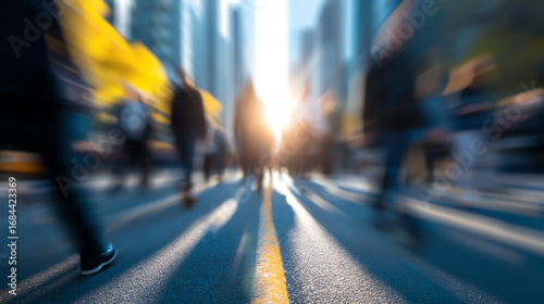 Blurred crowd walking on a city street at sunset, with long shadows cast by the low sun and tall buildings in the background