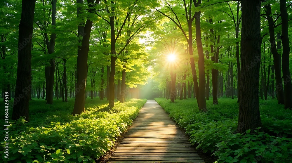 Obraz premium Bright Sunlight Illuminating a Serene Woodland Trail in Spring
