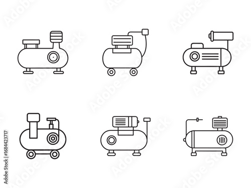 Outline Air Compressor Icons Set Vector Illustration Industrial Equipment Compressor Tools for Pneumatic Systems and Automotive Applications Machinery and Construction Needs