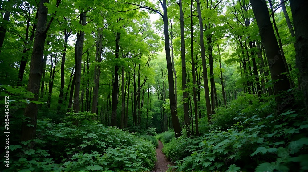 Fototapeta premium Lush Green Forest Path Under a Vibrant Canopy on a Sunny Day
