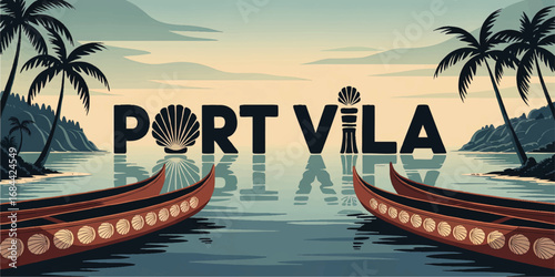 Port Vila Vanuatu Retro Travel Poster, Tropical Island Sunrise, Palms, Canoes, Shells, Ocean Landscape Illustration