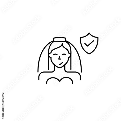 Bride, shield and checkmark. Protected ceremony, certified matrimonial standards, safe wedding arrangements. Pixel perfect, editable stroke vector icon
