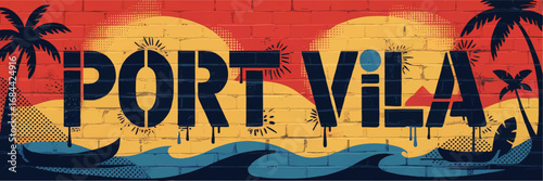 Port Vila Graffiti Street Art Mural with Tropical Sunset, Palm Trees, Canoes, and Ocean Waves on Brick Wall, Vibrant Urban Design