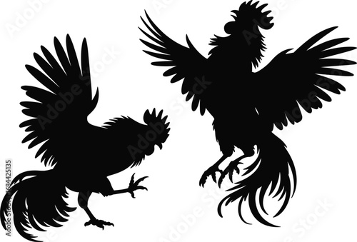 Silhouette of aggressive roosters in dramatic cockfight pose, wings spread, claws extended, intense motion, black vector, animal confrontation, isolated