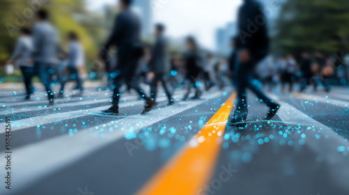 Blurred pedestrians crossing a street with digital blue dots overlay, symbolizing smart city technology and data analytics in urban mobility