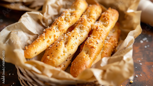Garlic breadsticks with sesame seeds in paper-lined basket