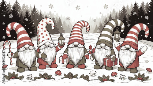 Cute Christmas Gnomes in Winter Forest, Holding Gifts, Lanterns, and Candy Cane, Festive Holiday Cartoon Illustration