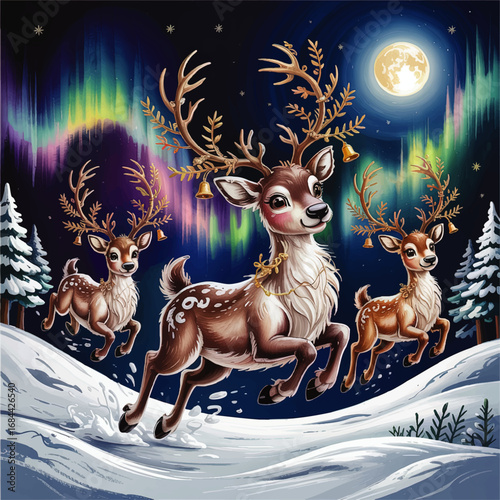 Magical Christmas Reindeer Running in Snowy Forest with Northern Lights and Full Moon, Festive Winter Holiday Illustration