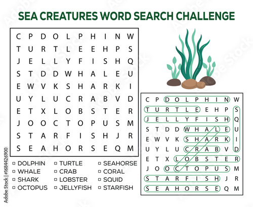 Fun sea creatures word search challenge activity for kids with ocean themed illustration