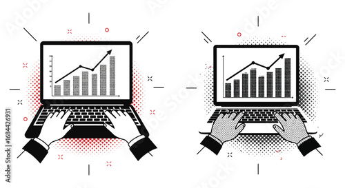 hands typing on laptops with graphs displayed on screens