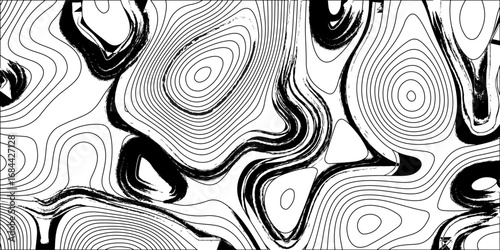 Black and white seamless vector pattern of abstract swirling lines and shapes. Creative design with textured Background of geographic grid for hiking and mountain sport. Vector illustration. Topo