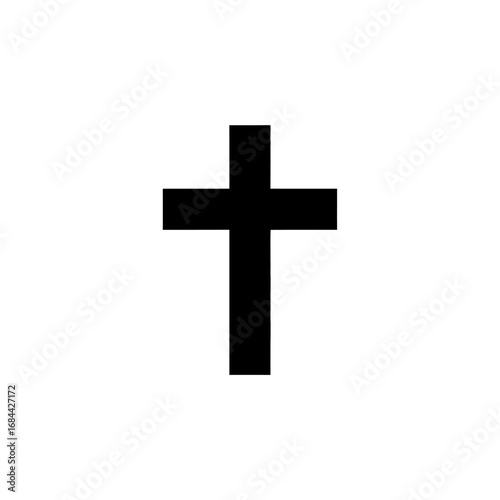 Symmetrical black cross symbol against a plain white backdrop conveying faith and reverence