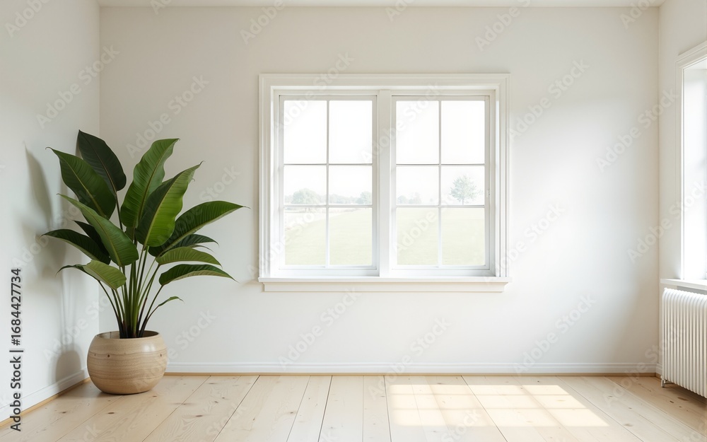 Fototapeta premium modern studio design sustainable concept. Bright, minimalist room with large windows and a potted plant. High quality