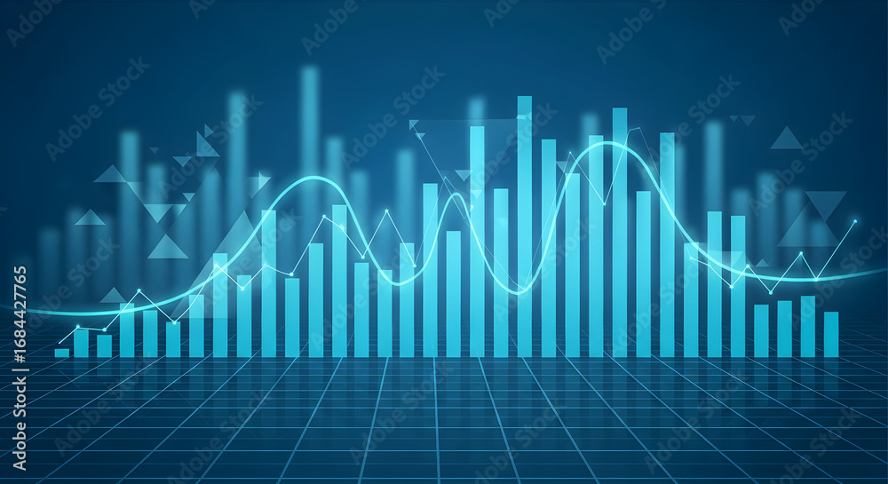 Naklejka premium Dynamic financial growth chart with fluctuating trends presented on a modern blue digital grid background