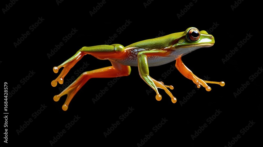 Fototapeta premium Green frog jumping isolated on black background