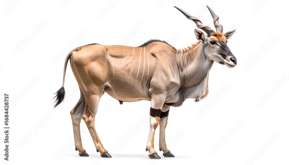 Fototapeta premium Eland standing calmly with impressive horns against a white backdrop