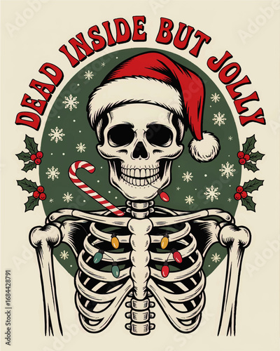 Retro Skeleton Christmas Art with Santa Hat, Candy Cane, Holly, and Snowflakes – Dead Inside But Jolly Festive Illustration