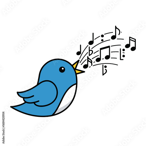 A cheerful blue bird sings a melodious song with musical notes floating around it expressing joy