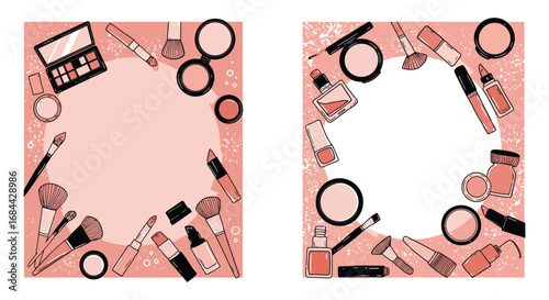 makeup tools arranged neatly around pink background frames