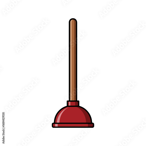 Vector illustration of a red plunger with a wooden handle on a white background representing