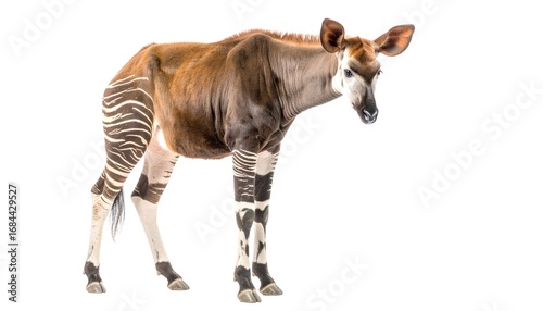 Okapi standing attentively with striped legs on a plain background