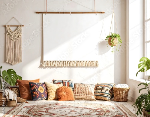 Boho living room mockup with blank canvas