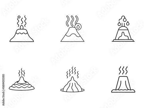 Set of Volcano Icons Line Art Style Representing Eruption Activity and Geological Formations for Design Elements and Educational Material