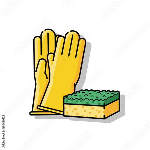 Cleaning essentials: Protective yellow gloves and porous green sponge for hygiene purposes