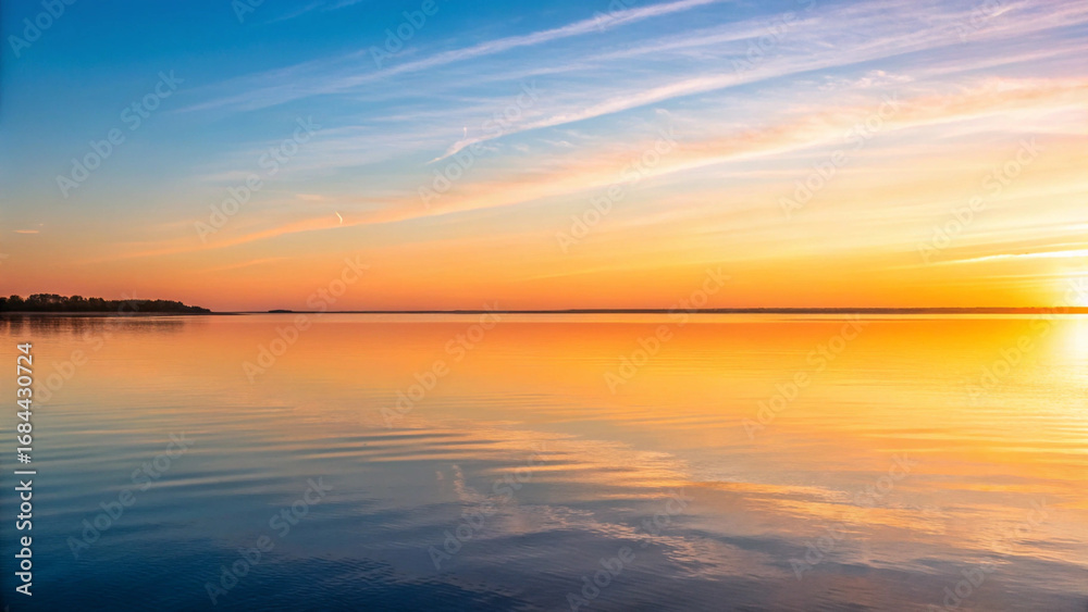 Obraz premium Serene Sunset Over Calm Water with Vibrant Orange and Blue Sky Reflection image photo