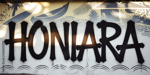 Vibrant Urban Street Art Mural Featuring "HONIARA" Graffiti with Tropical and Oceanic Elements, Pacific Island City Vibes