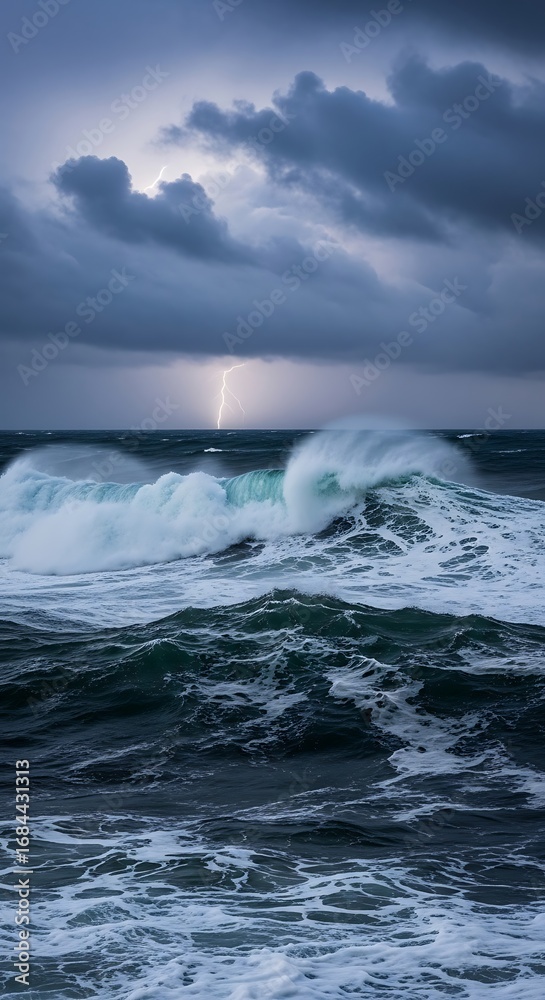 Fototapeta premium Dramatic Ocean Storm with Lightning Strike Over Crashing Waves.