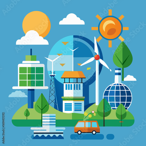 “Vector icon set of renewable energy sources — solar panels, wind turbines, hydroelectric dam, eco-friendly clean energy design”